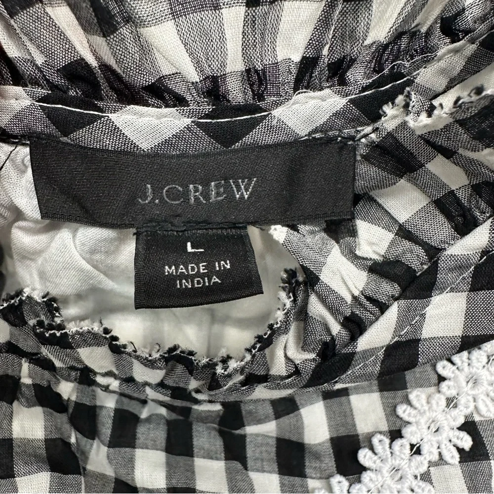 J. Crew Black and White Gingham Smocked Waist Puff Sleeve Blouse
